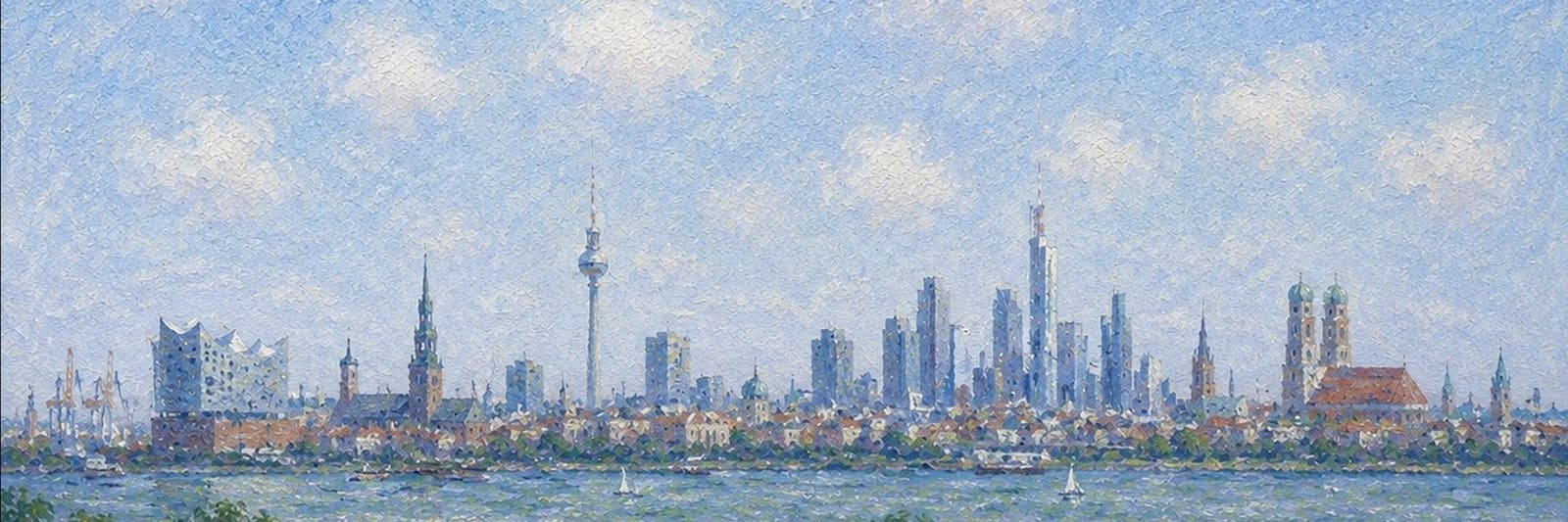 Gemalte Skyline deutscher Städte mit der Hamburger Elbphilharmonie